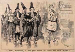 view A man holding a pack of 'Jubol' medicine tells clyster-wielding physicians that they are now obsolete. Wood engraving by Henriot, c. 1885.