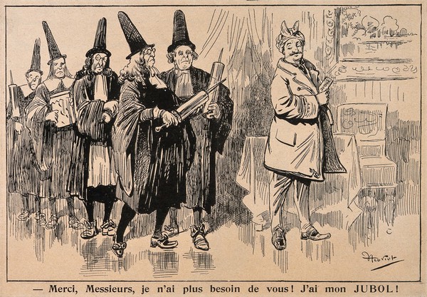 A man holding a pack of 'Jubol' medicine tells clyster-wielding physicians that they are now obsolete. Wood engraving by Henriot, c. 1885.