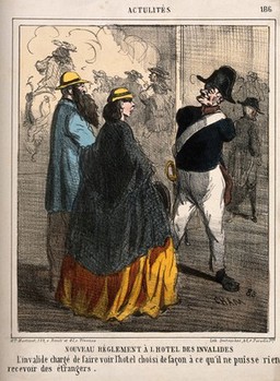 An armless veteran of the Hôtel des Invalides is hired as a guide for visitors, in order that he take no money from them. Coloured lithograph by Cham.