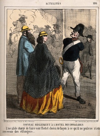 An armless veteran of the Hôtel des Invalides is hired as a guide for visitors, in order that he take no money from them. Coloured lithograph by Cham.