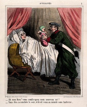 A soldier confiscates a baby from its mother in the night, because the baby has violated the curfew. Coloured lithograph by Cham.