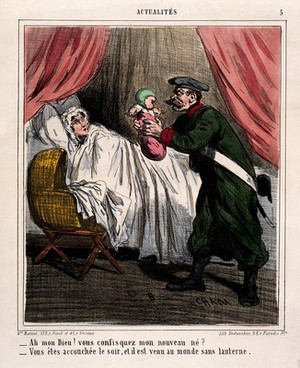 view A soldier confiscates a baby from its mother in the night, because the baby has violated the curfew. Coloured lithograph by Cham.