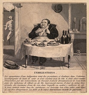 view A corpulent gentleman with indigestion. Line engraving, c. 18th century.