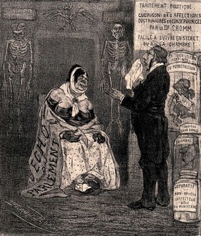 Doctor Cromm talks to a diseased prostitute; surrounded by macabre symbols of contemporary French politics. Lithograph by Félicien Rops.