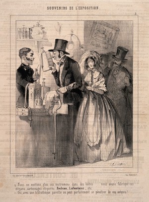 view At a Great Exhibition a shopkeeper sells enemas concealed in hollow volumes of classic literature for purposes of discretion. Lithograph by C. Vernier, 1844.