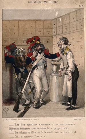 view Two drunken soldiers ask an apothecary for some 'eau de vie' - some brandy. Coloured lithograph by J. Rigo.