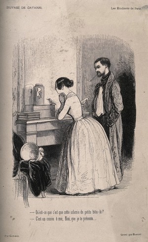view A bourgeois wife shows her husband the preserved foetus of her cousin. Wood engraving by F. Rouget after S.G.C. Gavarni.