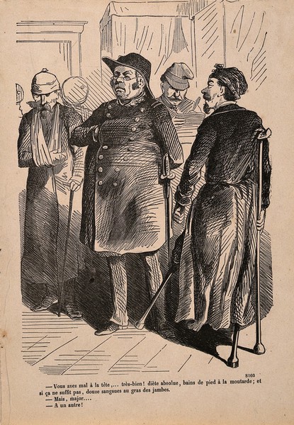 A physician diagnoses war veterans. Wood engraving, c. 1870.