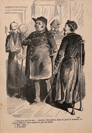 view A physician diagnoses war veterans. Wood engraving, c. 1870.