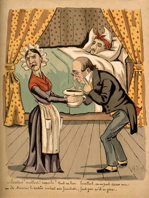 view A physician examines a patient's stools; he is very pleased; the sarcastic maid asks him if he would like a fork. Coloured lithograph by G. Frison, c. 1890.