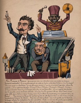 A medicine show; a moustachioed charlatan holds up a phial, a miserable patient sits in the carriage and a black man in uniform bangs the drums. Coloured lithograph by G. Frison.