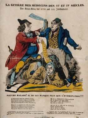 Two doctors fight over which method to use on a patient; dramatising the conflict between allopathy and homoeopathy. Coloured wood engraving.