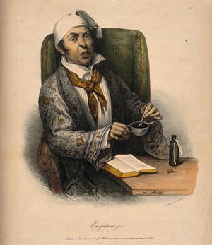 view A tentative patient asks whether he will be able to taste his medicine. Coloured lithograph by A.L. Noël.