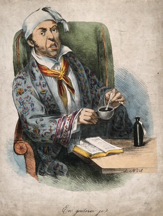 A tentative patient asks whether he will be able to taste his medicine. Coloured lithograph by A.L. Noël.