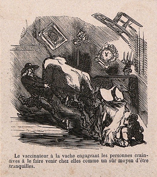 Five medical satires: A 'congress of patients'; a woman tells her blue-eyed lover that the man of her dreams has black eyes - could he obtain artificial eyes to remedy this discrepancy?; diseased patients displayed at a Great Exhibition; a doctor restraining a cow for vaccination; a maid complains that she has to get vaccinated each time she wants a pint of milk. Wood engravings, c. 1868.