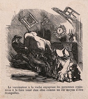 view Five medical satires: A 'congress of patients'; a woman tells her blue-eyed lover that the man of her dreams has black eyes - could he obtain artificial eyes to remedy this discrepancy?; diseased patients displayed at a Great Exhibition; a doctor restraining a cow for vaccination; a maid complains that she has to get vaccinated each time she wants a pint of milk. Wood engravings, c. 1868.