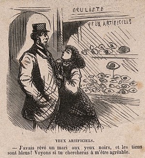 view Five medical satires: A 'congress of patients'; a woman tells her blue-eyed lover that the man of her dreams has black eyes - could he obtain artificial eyes to remedy this discrepancy?; diseased patients displayed at a Great Exhibition; a doctor restraining a cow for vaccination; a maid complains that she has to get vaccinated each time she wants a pint of milk. Wood engravings, c. 1868.