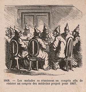 view Five medical satires: A 'congress of patients'; a woman tells her blue-eyed lover that the man of her dreams has black eyes - could he obtain artificial eyes to remedy this discrepancy?; diseased patients displayed at a Great Exhibition; a doctor restraining a cow for vaccination; a maid complains that she has to get vaccinated each time she wants a pint of milk. Wood engravings, c. 1868.