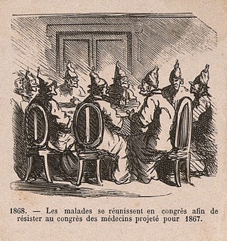 Five medical satires: A 'congress of patients'; a woman tells her blue-eyed lover that the man of her dreams has black eyes - could he obtain artificial eyes to remedy this discrepancy?; diseased patients displayed at a Great Exhibition; a doctor restraining a cow for vaccination; a maid complains that she has to get vaccinated each time she wants a pint of milk. Wood engravings, c. 1868.