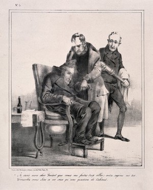 view A decrepit Louis-Philippe is made ready for an enema by François Guizot; symbolising Guizot's domination of the French government towards the end of the July monarchy. Lithograph by J.E. Deshayes, c. 1848.