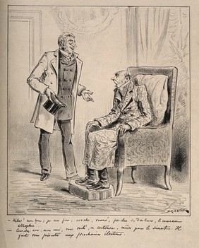 A decrepit old man is told by his friend that he is ripe for a position in the Senate. Lithograph by Draner (Jules Renard).