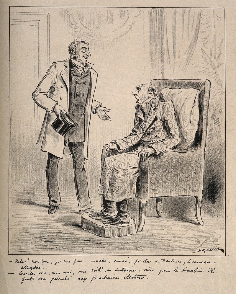 A decrepit old man is told by his friend that he is ripe for a position in the Senate. Lithograph by Draner (Jules Renard)., 1800-1899, by Draner