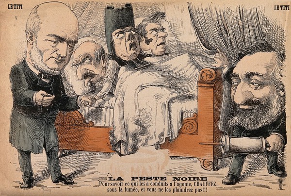 Jules Grévy takes the pulse of Marshal Macmahon, who lies sick in bed with a priest and another man; they are choking from the fumes of their burning bed; Léon Gambetta emerges from behind the scenes carrying a clyster. Coloured wood engraving, 1879.