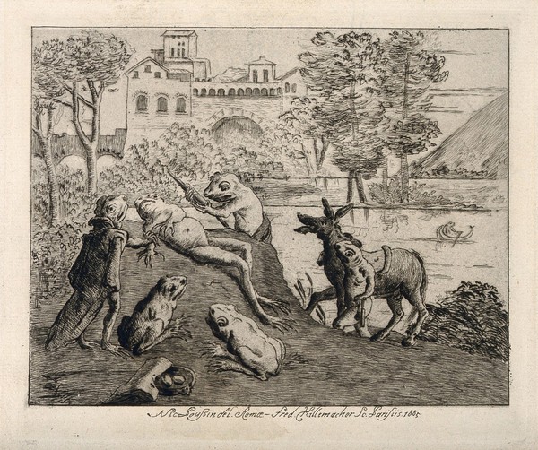 A sick frog is administered an enema by one of his companions; other frogs, some anthropomorphised, some not, stand by. Etching with drypoint by F-D. Hillemacher after N. Poussin, 1885.