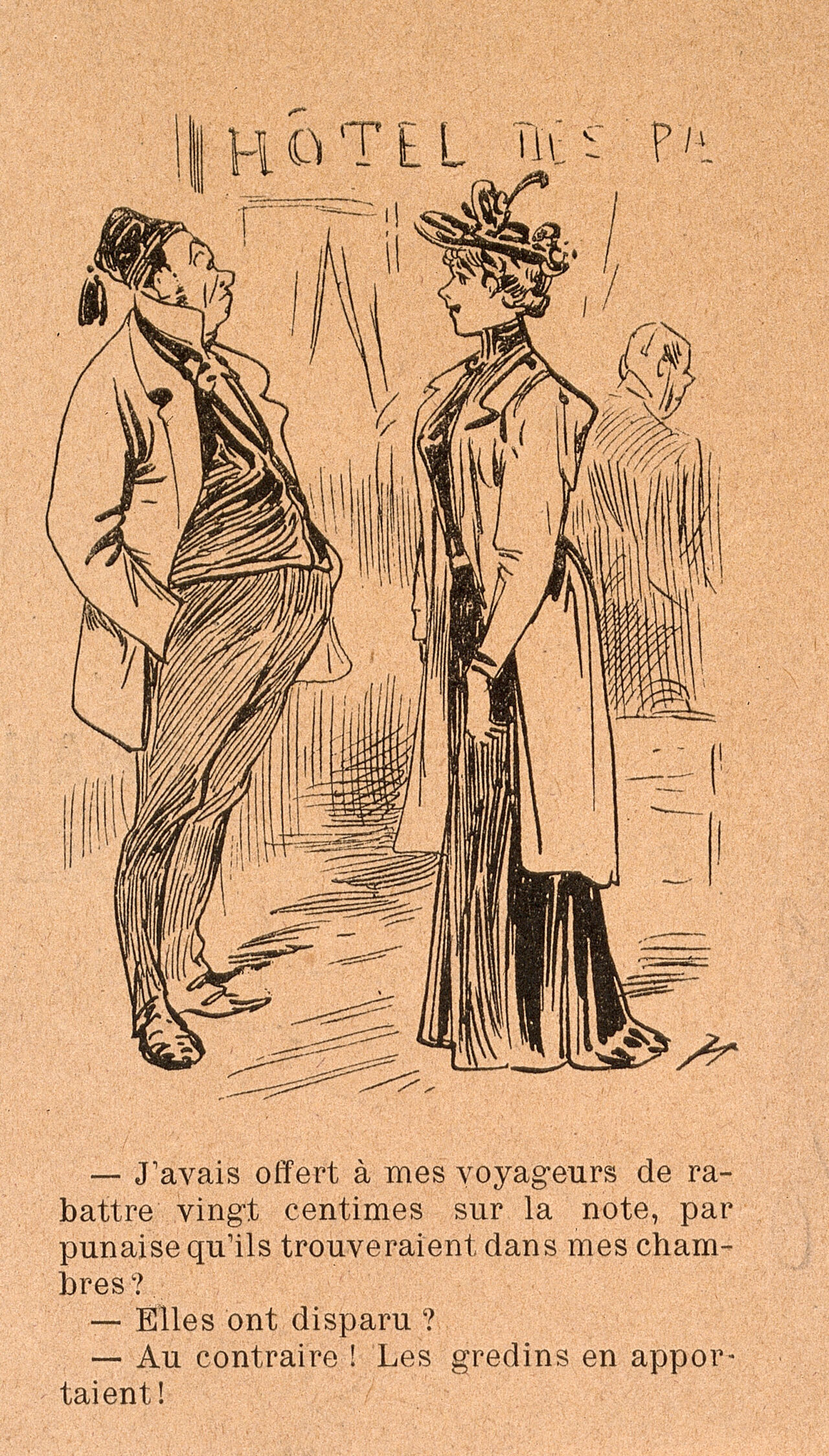 The manager of a hotel discusses the extermination of bedbugs with a lady. Wood engraving by 'Henriot' (H. Maigrot)., by Henriot