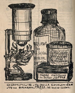 view A collection of 'anti-boche' - ie. anti-German - medicine bottles, next to a scorpion about to be pulverised. Lithograph.