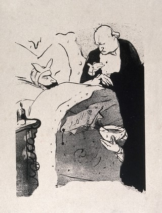 Sadi Carnot, the president of France, lies in bed having his pulse taken. Lithograph by H. de Toulouse-Lautrec, 1893.