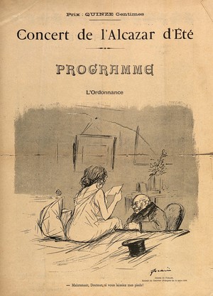 view A doctor is over-interested in a female patient's feet. Lithograph after J-L. Forain, c. 1896.