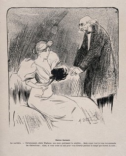 A woman patient at a spa is told by her doctor that the treatment for her fertility might be helped by the presence of a 'diverting friend' - i.e. him. Lithograph by M. Stephane, c. 1896.