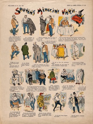 Nineteen scenes depicting popular disillusionment with doctors and medicine. Coloured wood engraving by Henriot, ca. 1900.