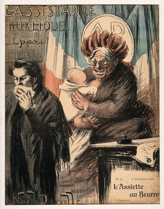 An old wet nurse; symbolising France as nanny-state and public health provider. Colour photomechanical reproduction of a lithograph by N. Dorville, 1901.