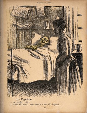 view A contagiously ill man asks for the bed-pan; the nurse tells him that it will cost ten sous for the risk. Colour photomechanical reproduction of a lithograph by N. Dorville, c. 1901.