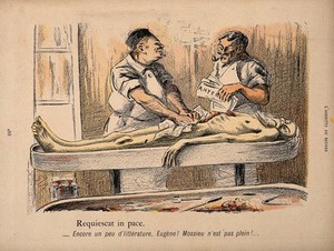 view An old vagrant's corpse is stuffed with newspaper after being raided for useful organs by two pipe-smoking, wisecracking surgeons. Colour photomechanical reproduction of a lithograph by N. Dorville, c. 1901.