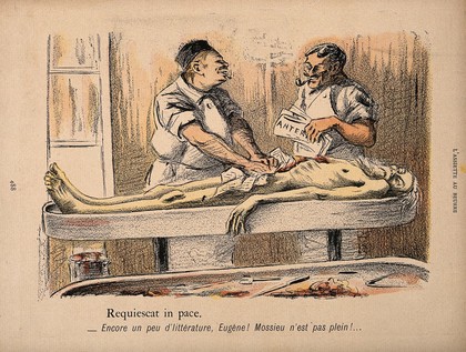 An old vagrant's corpse is stuffed with newspaper after being raided for useful organs by two pipe-smoking, wisecracking surgeons. Colour photomechanical reproduction of a lithograph by N. Dorville, c. 1901.