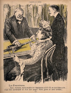 A man sells a woman an artificial leg at national health service prices. Colour photomechanical reproduction of a lithograph by N. Dorville, c. 1901.