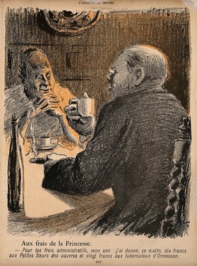 A wife tells her husband to add her charitable givings to his records of their outgoings. Colour photomechanical reproduction of a lithograph by N. Dorville, c. 1901.