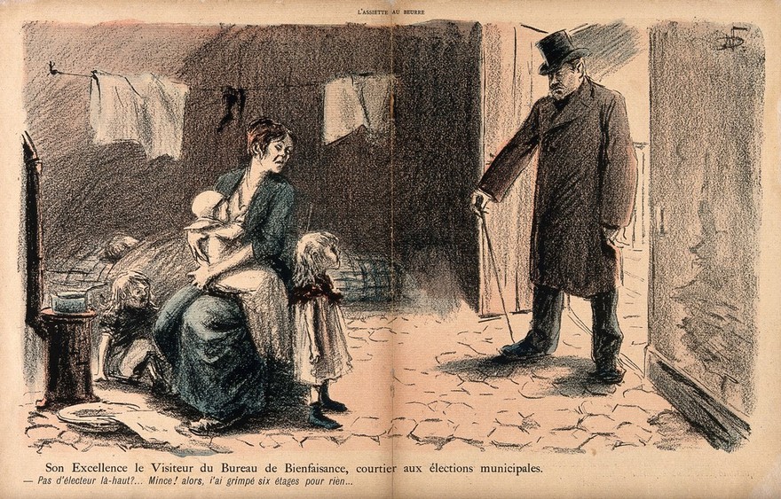 A politician out canvassing curses himself for climbing six floors to the room of an impoverished mother and her young offspring, none of whom are electorally valuable. Colour photomechanical reproduction of a lithograph by N. Dorville, c. 1901.