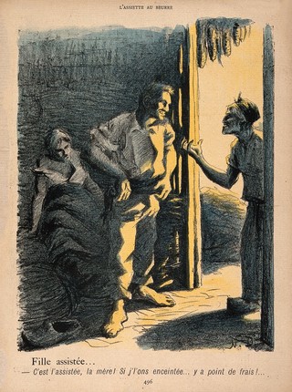 A man looms over an old woman, telling her that it will not cost her anything if he has made her daughter pregnant, as she is on welfare support: the daughter lies dishevelled in the background. Colour photomechanical reproduction of lithograph by N. Dorville, c. 1902.