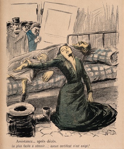 A family is discovered dead from starvation after waiting for welfare assistance. Colour photomechanical reproduction of a lithograph by N. Dorville, c. 1901.