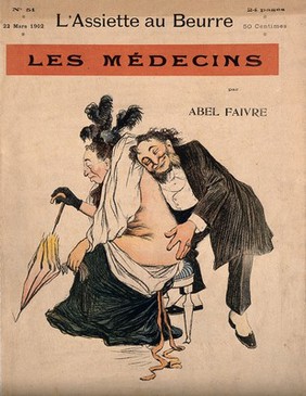 A gleeful physician closely examines the buttocks of a middle-aged lady. Colour process print after J-A. Faivre, 1902.