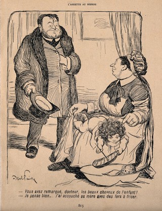 A maid playing with a baby on her knee points out its curly hair to the visiting doctor; he replies that the mother was in curling tongs when she gave birth. Process print after J-A. Faivre, 1902.