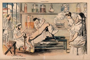 view A surgeon loses his wedding ring inside the body of a female patient. Colour process print after J-A. Faivre, 1902.