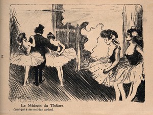 view A doctor goes off gallivanting with two young dancers. Colour process print after by J-A. Faivre, 1902.