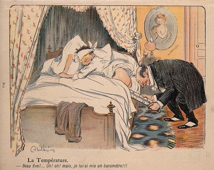 A doctor inserts a barometer, instead of a thermometer, in a patient's backside: his condition reads "Set fair". Colour process print after J-A. Faivre, 1902.