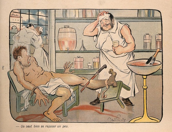 A surgeon apologetically takes a breather during an amputation operation: a bottle of champagne waits in a cooler; a doctor and nurse canoodle while the patient screams. Colour process print after J.-A. Faivre, 1902.