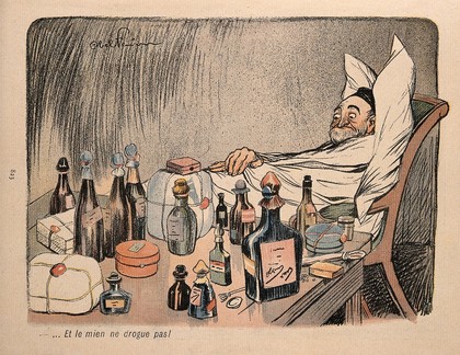 An ailing old man surrounded by medicine bottles and cases moans that his doctor has not given him enough medicine. Colour process print after J-A. Faivre, 1902.